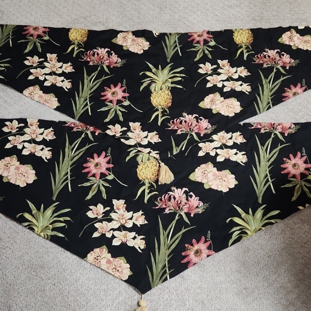 Waverly Tropical Floral and Pineapple Black & Pink Set Of Window Valances